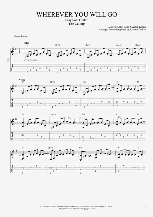 Wherever You Will Go The Calling guitar pro tab  for Easy Solo Guitar Guitarra solo fácil mysongbook